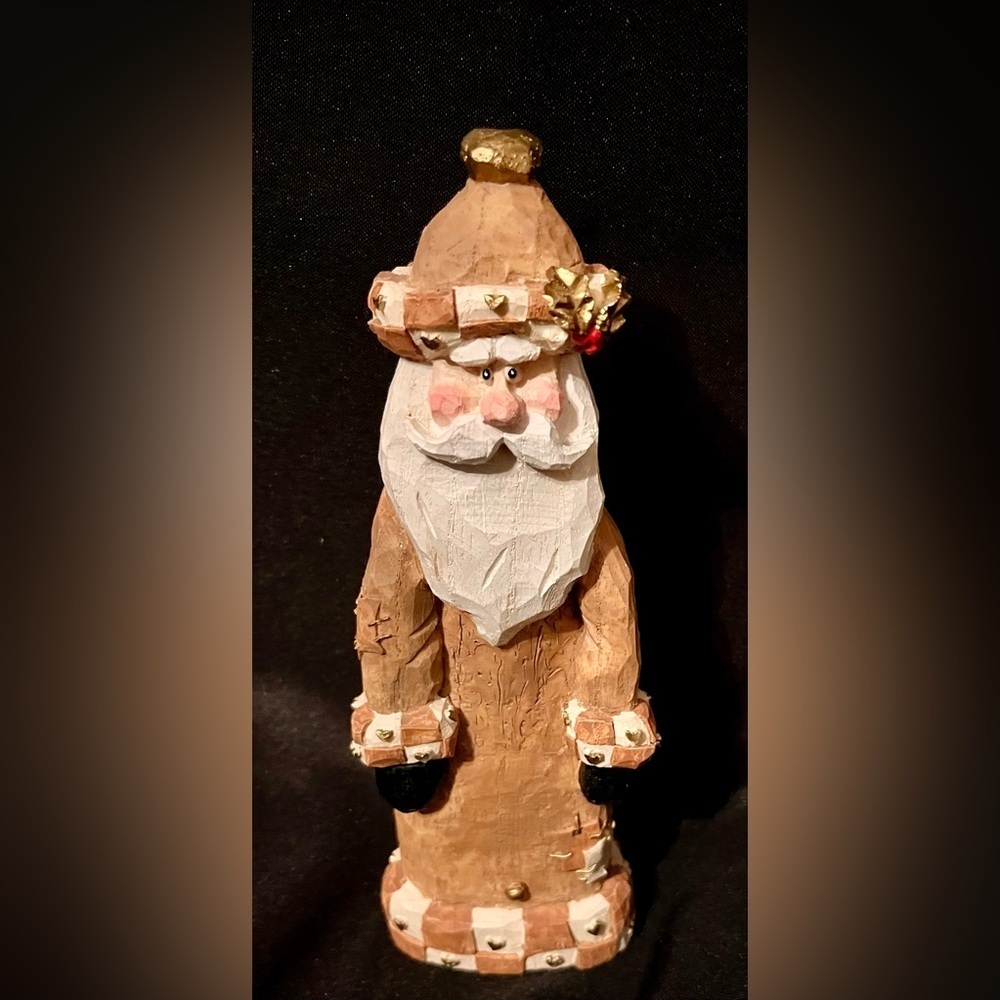 Vintage 10" Folk Art Pencil Santa Figurine Brown & Cream Checkerboard Primitive